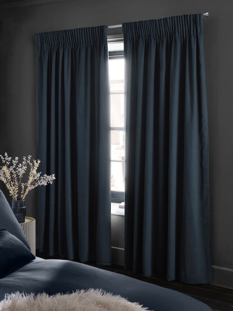 Navy Blue Cotton Sateen Blackout Thermal Pencil Pleat Curtains - Image 2 of 6 Navy Blue Cotton Sateen Blackout Thermal Pencil Pleat Curtains - Image 2 of 6