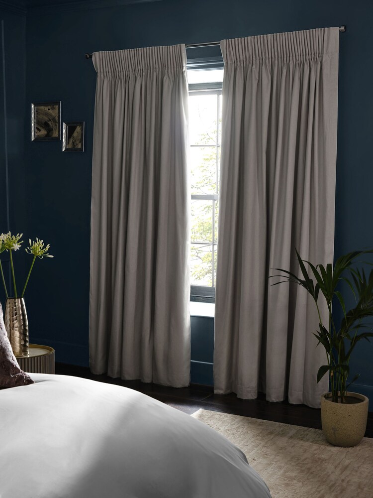 Silver Grey Cotton Sateen Blackout Thermal Pencil Pleat Curtains - Image 2 of 6 Silver Grey Cotton Sateen Blackout Thermal Pencil Pleat Curtains - Image 2 of 6