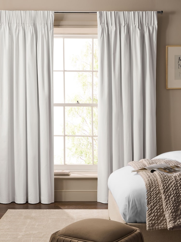 White Cotton Sateen Blackout Thermal Pencil Pleat Curtains - Image 1 of 6 White Cotton Sateen Blackout Thermal Pencil Pleat Curtains - Image 1 of 6