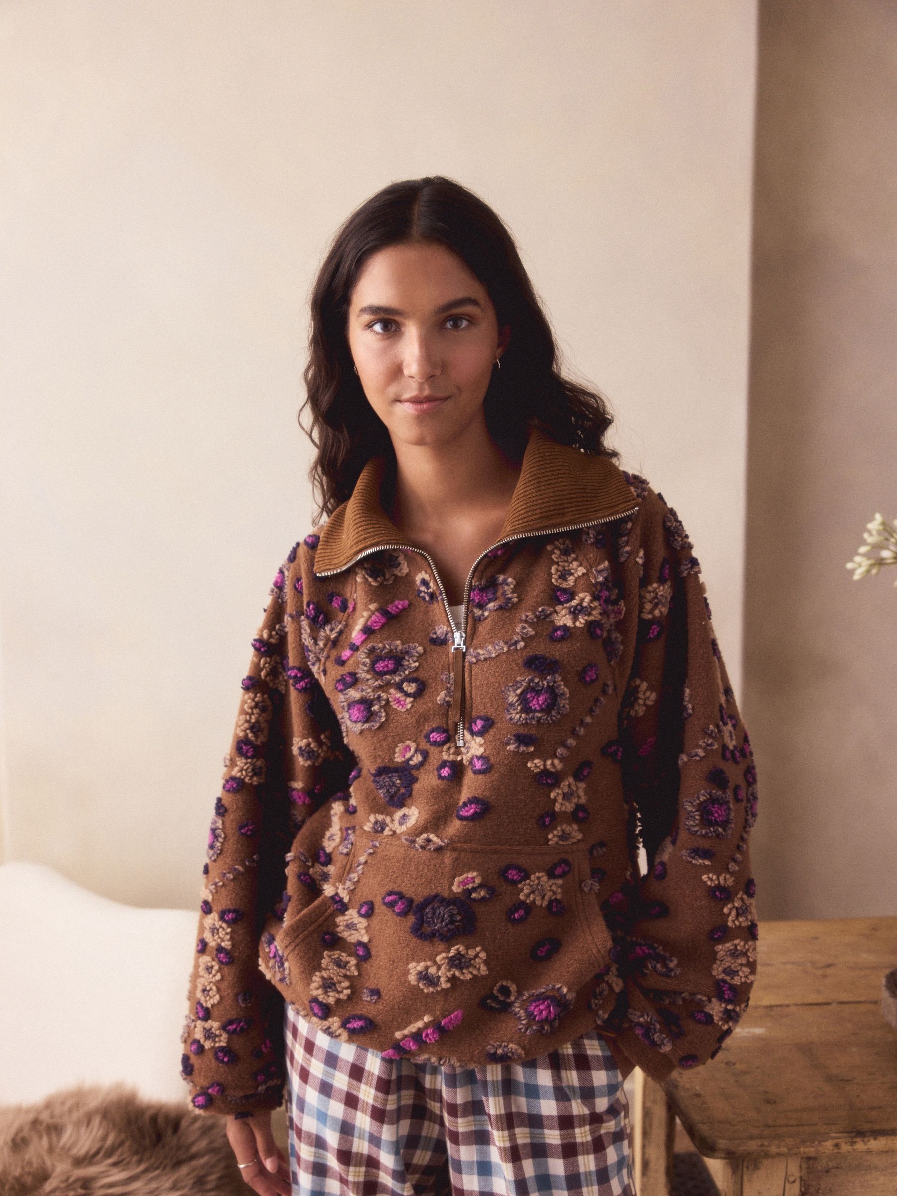 Buy Tan Brown Floral Zip Neck Printed Fleece from the Next UK