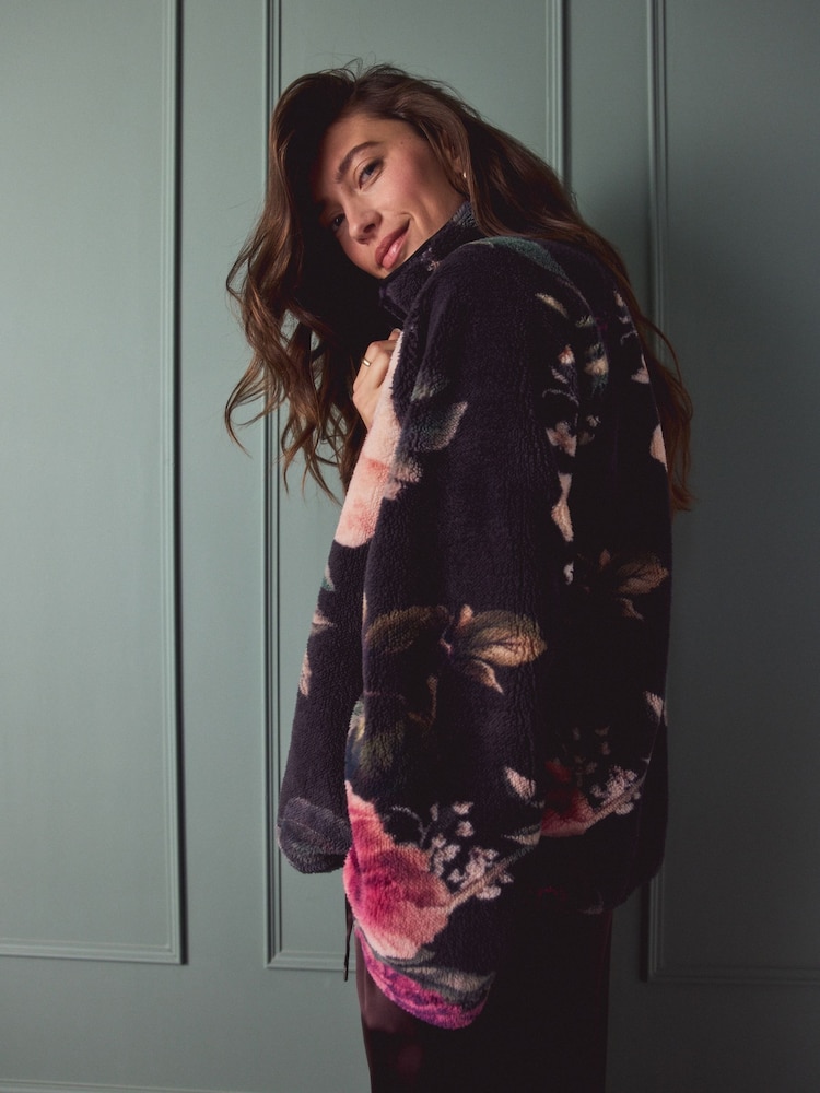 Black Floral Printed Borg Fleece Top - Image 2 of 7 Black Floral Printed Borg Fleece Top - Image 2 of 7