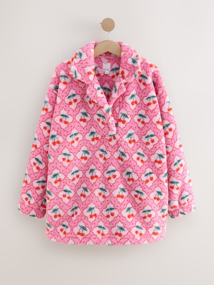 Pink Cherry Print Rugby Borg Jumper - Image 1 of 4