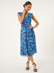Roman Blue Petite Floral Print Frill Midi Dress - Image 1 of 5