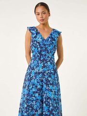 Roman Blue Petite Floral Print Frill Midi Dress - Image 2 of 5
