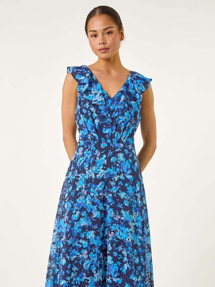 Roman Blue Petite Floral Print Frill Midi Dress - Image 2 of 5