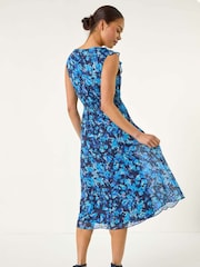 Roman Blue Petite Floral Print Frill Midi Dress - Image 3 of 5