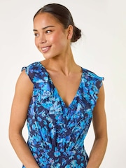 Roman Blue Petite Floral Print Frill Midi Dress - Image 4 of 5