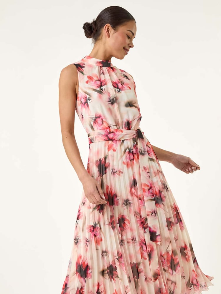 Roman Pink Petite Floral Pleated Halter Neck Midi Dress - Image 1 of 5