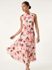 Roman Pink Petite Floral Pleated Halter Neck Midi Dress - Image 2 of 5