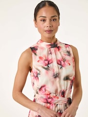 Roman Pink Petite Floral Pleated Halter Neck Midi Dress - Image 4 of 5