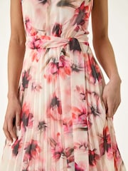 Roman Pink Petite Floral Pleated Halter Neck Midi Dress - Image 5 of 5