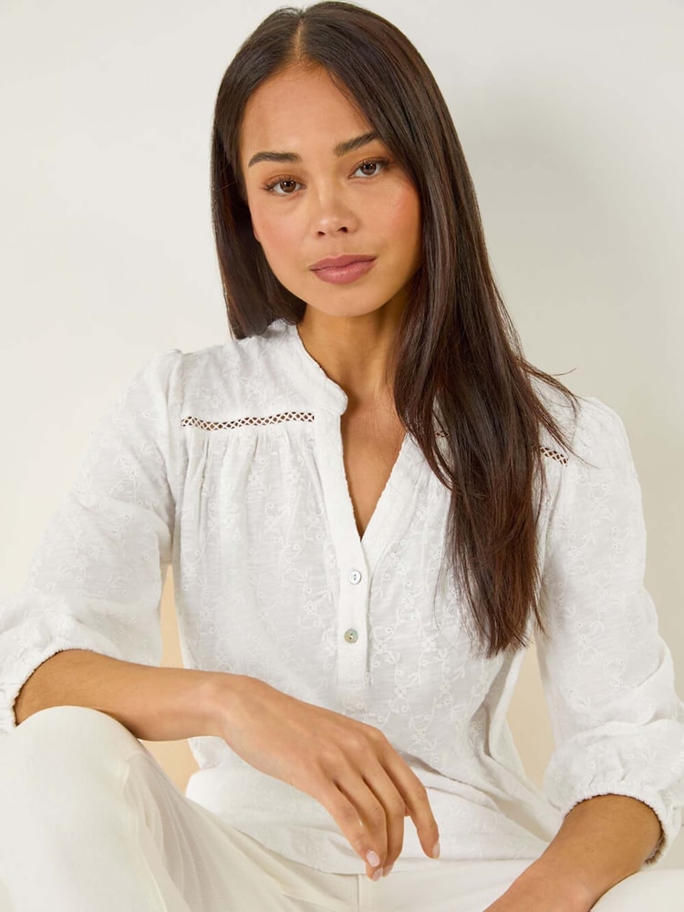 Roman White Petite Embroidered Stretch Blouse - Image 1 of 5