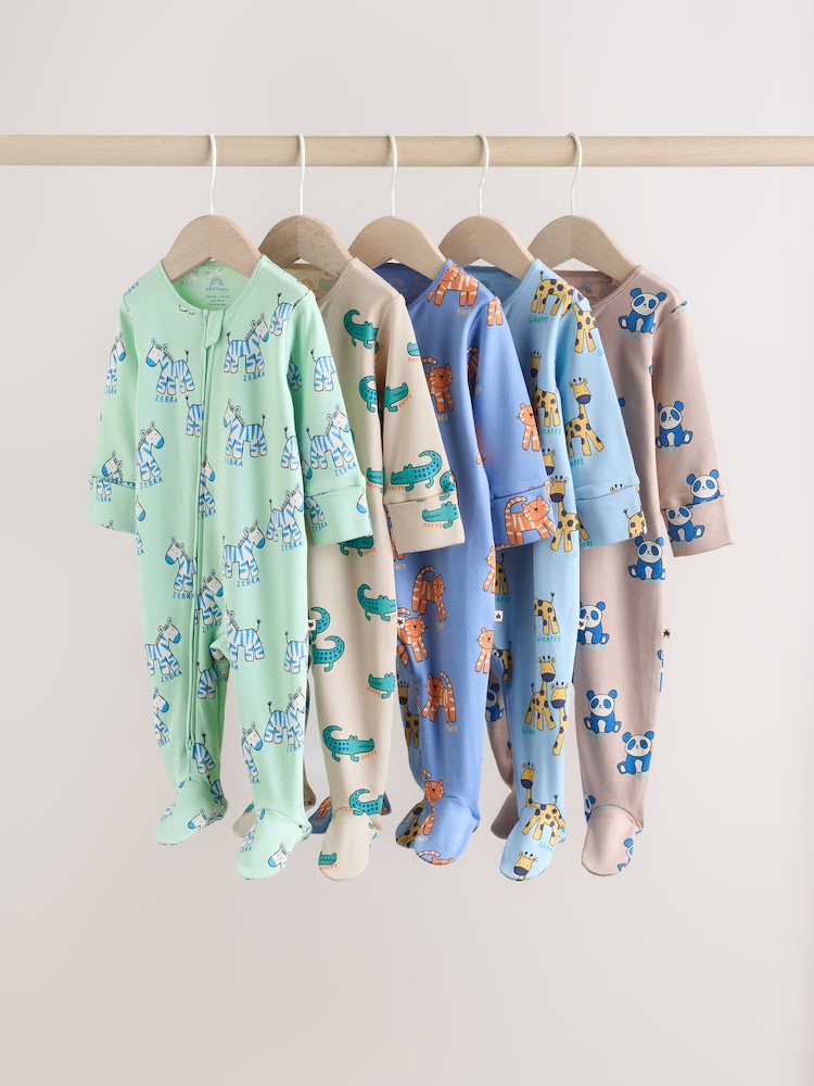 Multi Cotton Two Way Zip Baby Sleepsuits 5 Pack (0-2yrs) - Image 1 of 15