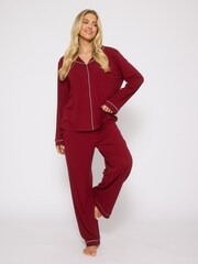Loungeable Red Rib Long Sleeve Traditional Shirt and Long Joggers Set - Image 1 of 5