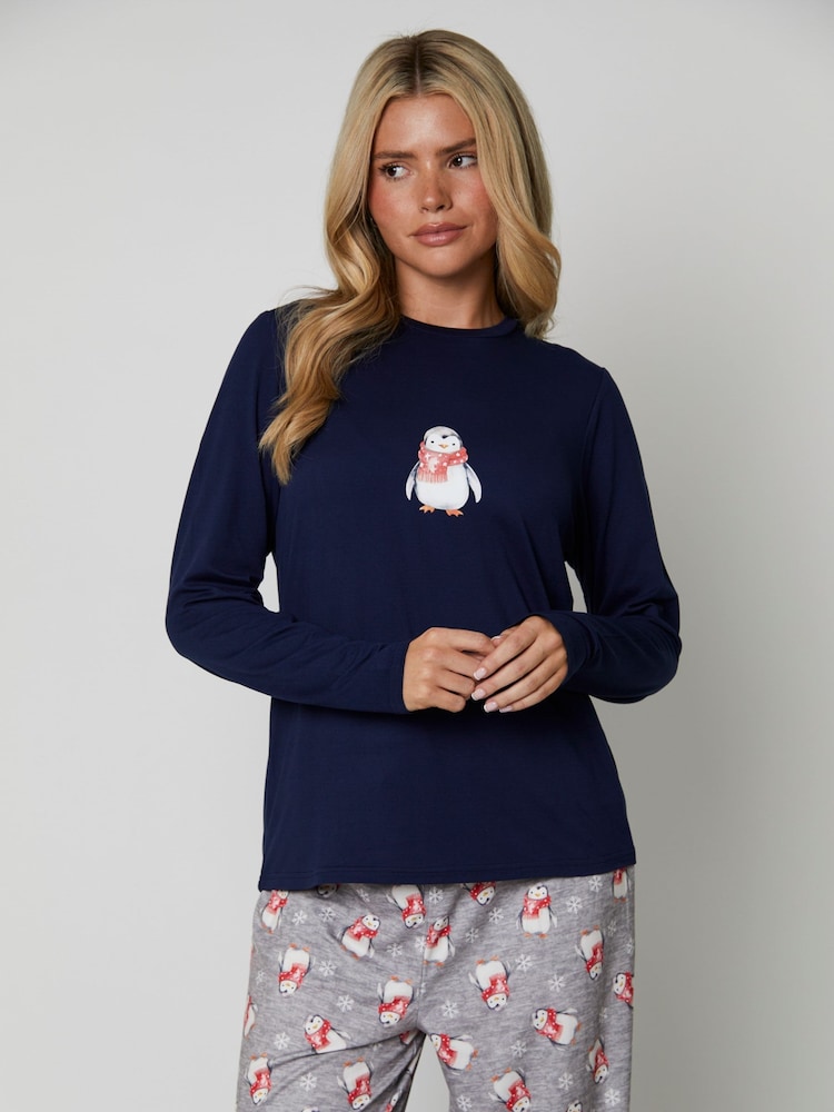 Loungeable Grey Penguin Long Sleeve Top and Trousers Set - Image 1 of 5 Loungeable Grey Penguin Long Sleeve Top and Trousers Set - Image 1 of 5