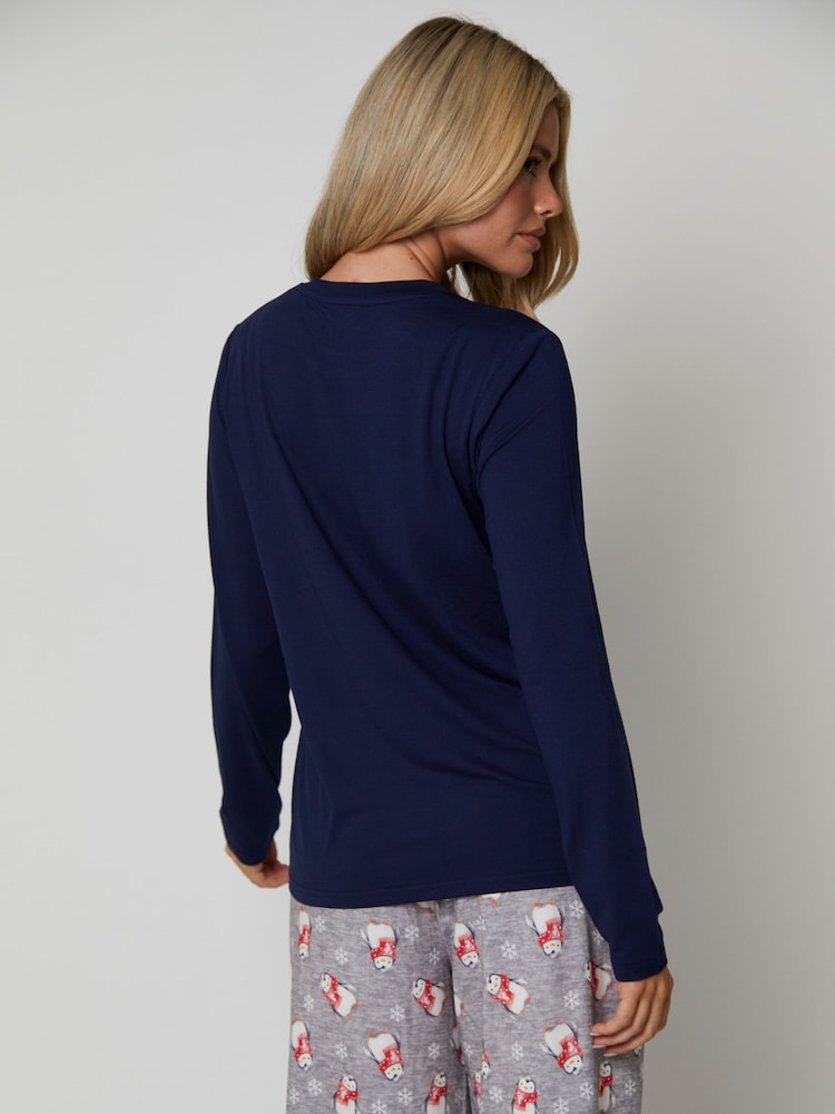 Loungeable Grey Penguin Long Sleeve Top and Trousers Set - Image 2 of 5 Loungeable Grey Penguin Long Sleeve Top and Trousers Set - Image 2 of 5