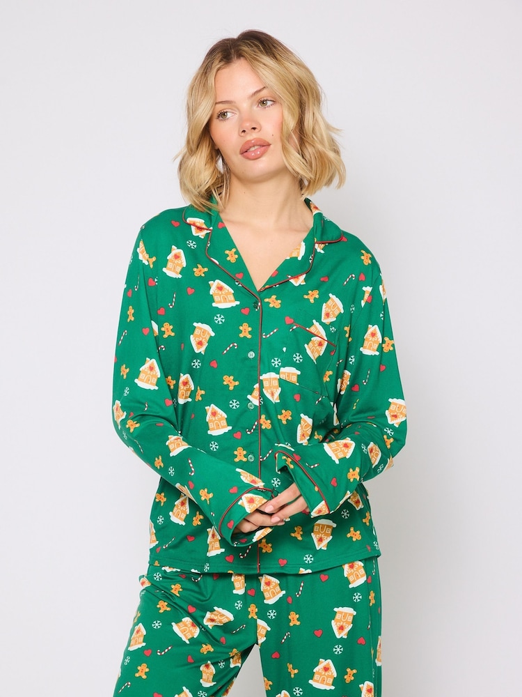 Loungeable Green Christmas Gingerbread Jersey Pyjamas Set - Image 6 of 6