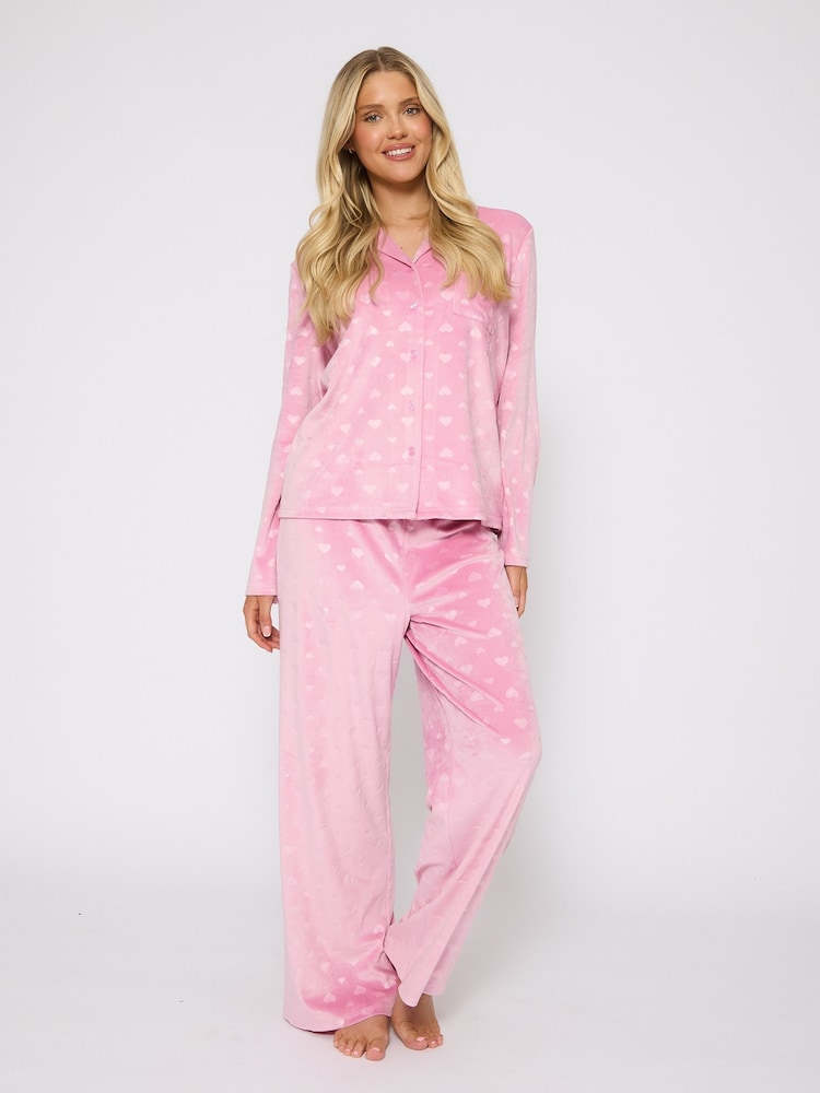 Loungeable Pink Heart Printed Velour Traditional Revere Pyjamas Set - Image 1 of 7 Loungeable Pink Heart Printed Velour Traditional Revere Pyjamas Set - Image 1 of 7