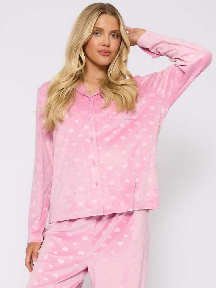 Loungeable Pink Heart Printed Velour Traditional Revere Pyjamas Set - Image 2 of 7