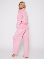Loungeable Pink Heart Printed Velour Traditional Revere Pyjamas Set - Image 3 of 7