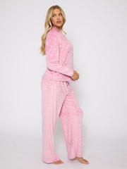 Loungeable Pink Heart Printed Velour Traditional Revere Pyjamas Set - Image 4 of 7