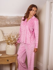 Loungeable Pink Heart Printed Velour Traditional Revere Pyjamas Set - Image 6 of 7