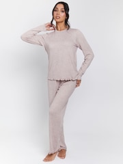 Loungeable Brown Marl Brushed Rib Long Sleeve Top And Trousers Set - Image 1 of 7