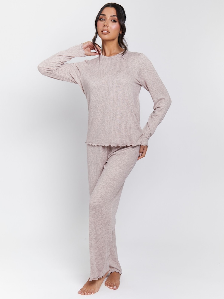 Loungeable Brown Marl Brushed Rib Long Sleeve Top And Trousers Set - Image 1 of 7