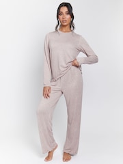Loungeable Brown Marl Brushed Rib Long Sleeve Top And Trousers Set - Image 2 of 7