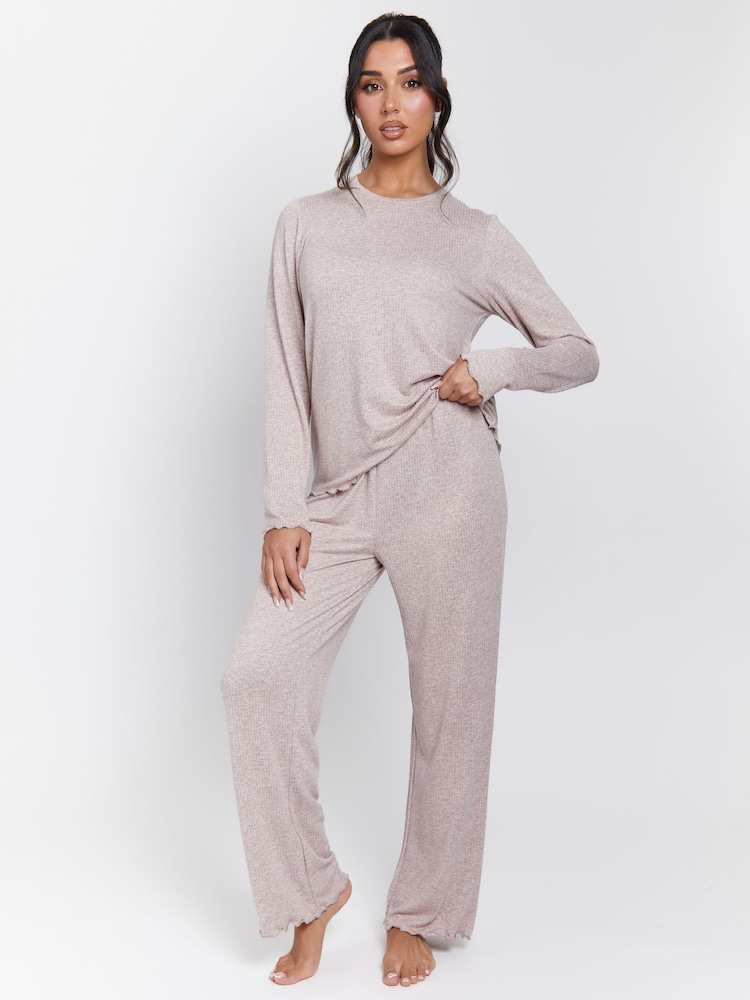 Loungeable Brown Marl Brushed Rib Long Sleeve Top And Trousers Set - Image 2 of 7
