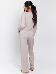 Loungeable Brown Marl Brushed Rib Long Sleeve Top And Trousers Set - Image 3 of 7