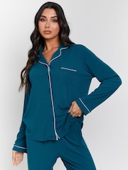 Loungeable Green Rib Long Sleeve Traditional Shirt and Long Joggers Set - Image 5 of 6