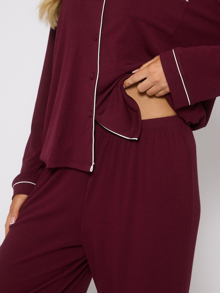 Loungeable Purple/White Trim Long Sleeve Soft Rib Button Through Pyjamas - Image 4 of 4