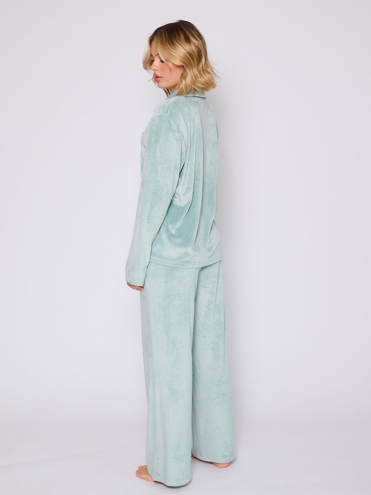 Loungeable Green Velour Long Sleeve Traditional Pyjamas Set - Image 2 of 6 Loungeable Green Velour Long Sleeve Traditional Pyjamas Set - Image 2 of 6