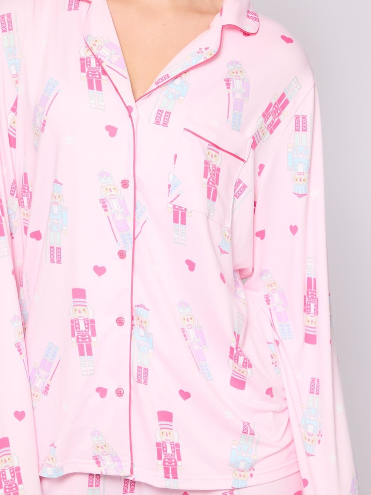 Loungeable Pink Nutcracker Print Wide Leg Traditional Revere Pyjamas Set - Image 5 of 5 Loungeable Pink Nutcracker Print Wide Leg Traditional Revere Pyjamas Set - Image 5 of 5