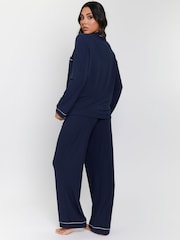 Loungeable Blue Rib Long Sleeve Traditional Shirt and Long Joggers Set - Image 4 of 7