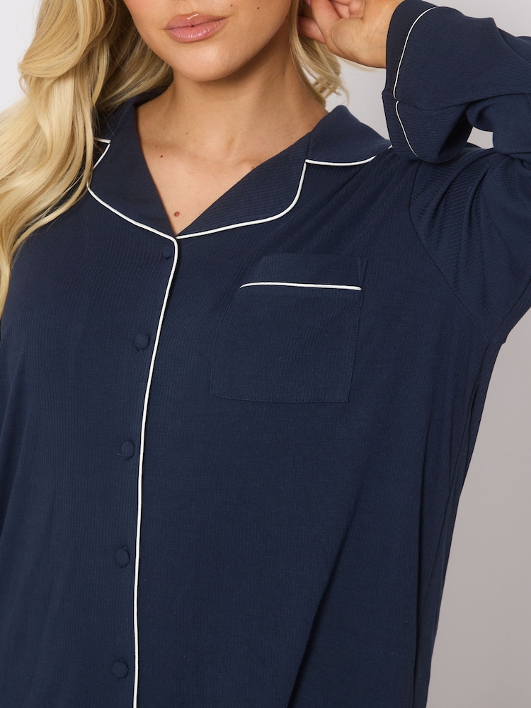 Loungeable Navy Blue/White Trim Long Sleeve Soft Rib Button Through Pyjamas - Image 4 of 4