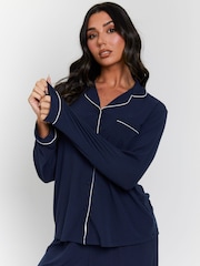 Loungeable Blue Rib Long Sleeve Traditional Shirt and Long Joggers Set - Image 5 of 7