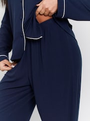 Loungeable Blue Rib Long Sleeve Traditional Shirt and Long Joggers Set - Image 6 of 7