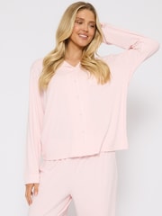 Loungeable Pink Light Rib Long Sleeve Traditional Shirt and Long Pyajamas Set - Image 1 of 6