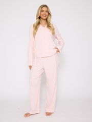 Loungeable Pink Light Rib Long Sleeve Traditional Shirt and Long Pyajamas Set - Image 5 of 6