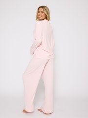 Loungeable Pink Light Rib Long Sleeve Traditional Shirt and Long Pyajamas Set - Image 6 of 6