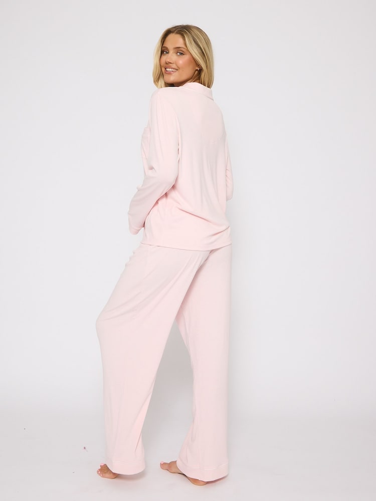 Loungeable Pink Light Rib Long Sleeve Traditional Shirt and Long Pyajamas Set - Image 6 of 6