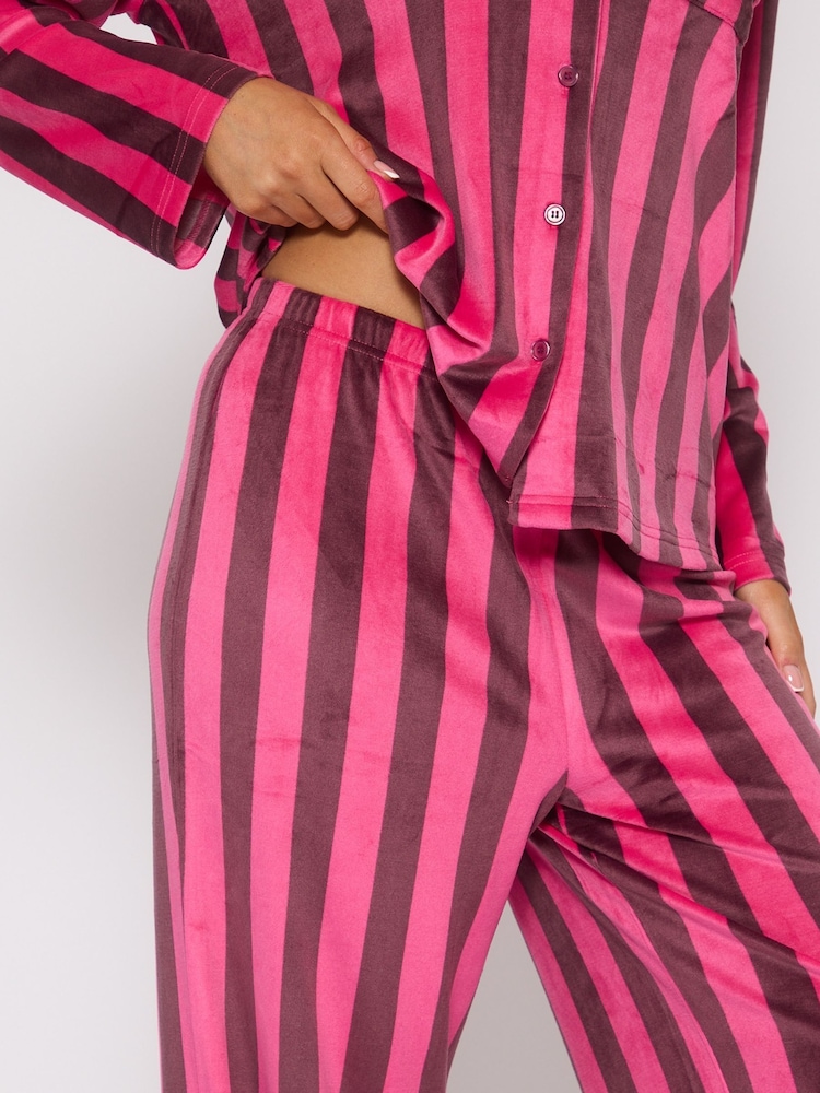 Loungeable Pink Striped Velour Long Sleeve Top And Trousers Traditional Pyjamas Set - Image 6 of 6
