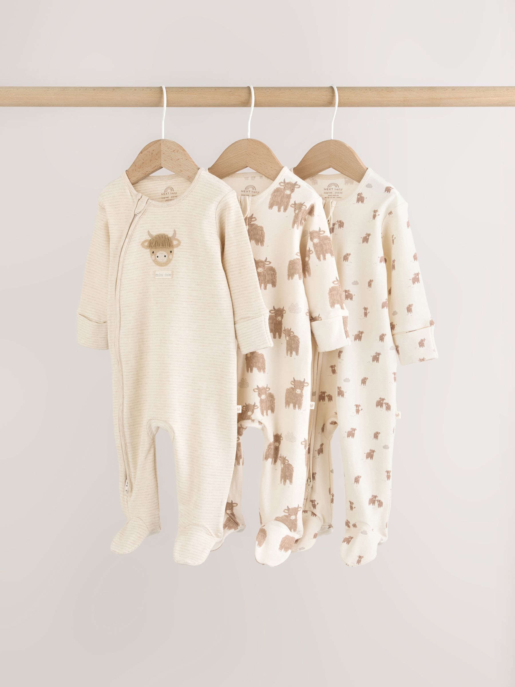 Neutral Hamish Two Way Zip Baby Sleepsuits 3 Pack