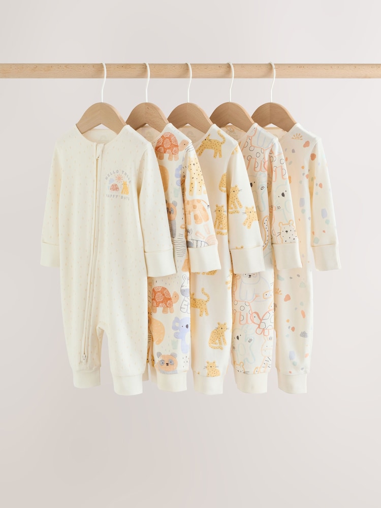 Cream Safari Two Way Zip Baby Sleepsuits 5 Pack (0mths-3yrs) - Image 1 of 15