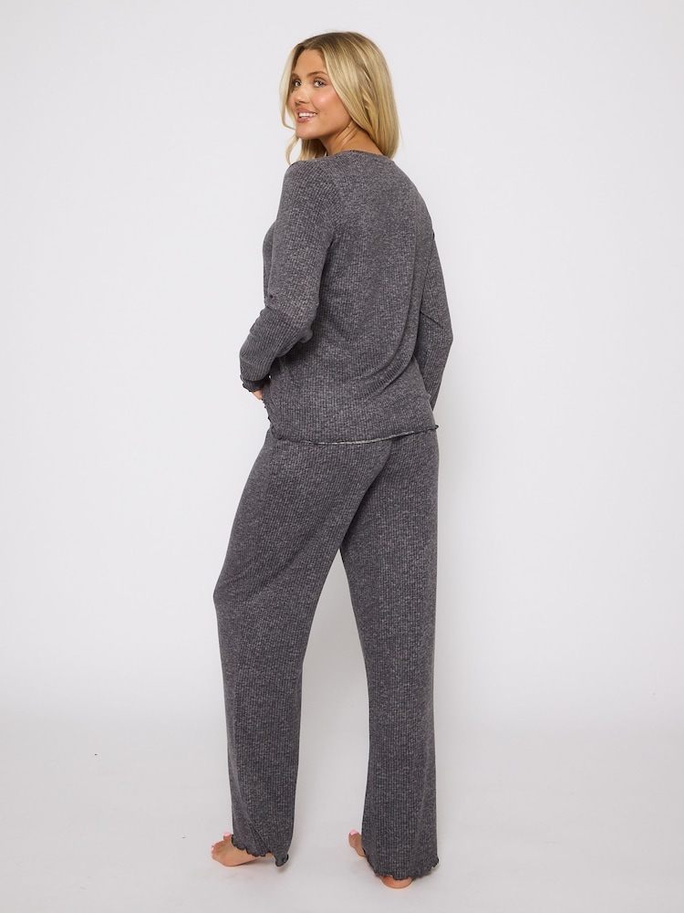Loungeable Grey Marl Brushed Rib Long Sleeve Top And Trousers Set - Image 5 of 5