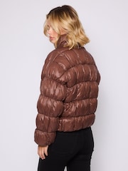 South Beach Brown High Shine Quilted Jacket With Ruched Sleeve Detail - Image 7 of 11