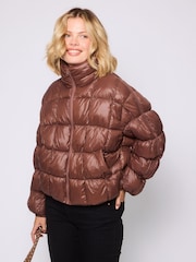 South Beach Brown High Shine Quilted Jacket With Ruched Sleeve Detail - Image 9 of 11