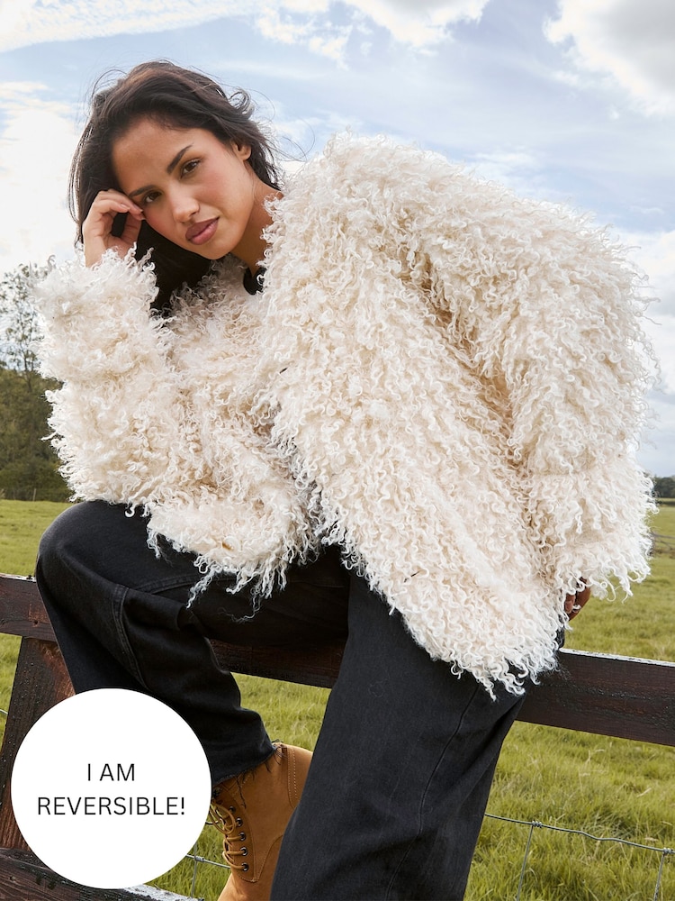 South Beach Cream Reversible Mongolian Faux Fur Suede Jacket - Image 1 of 6 South Beach Cream Reversible Mongolian Faux Fur Suede Jacket - Image 1 of 6